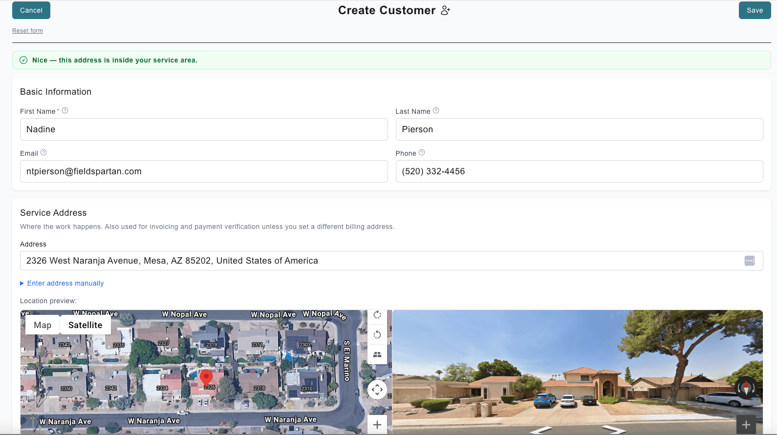 Create Customer screen — service-area check, address autocomplete, satellite + Street View preview of the property