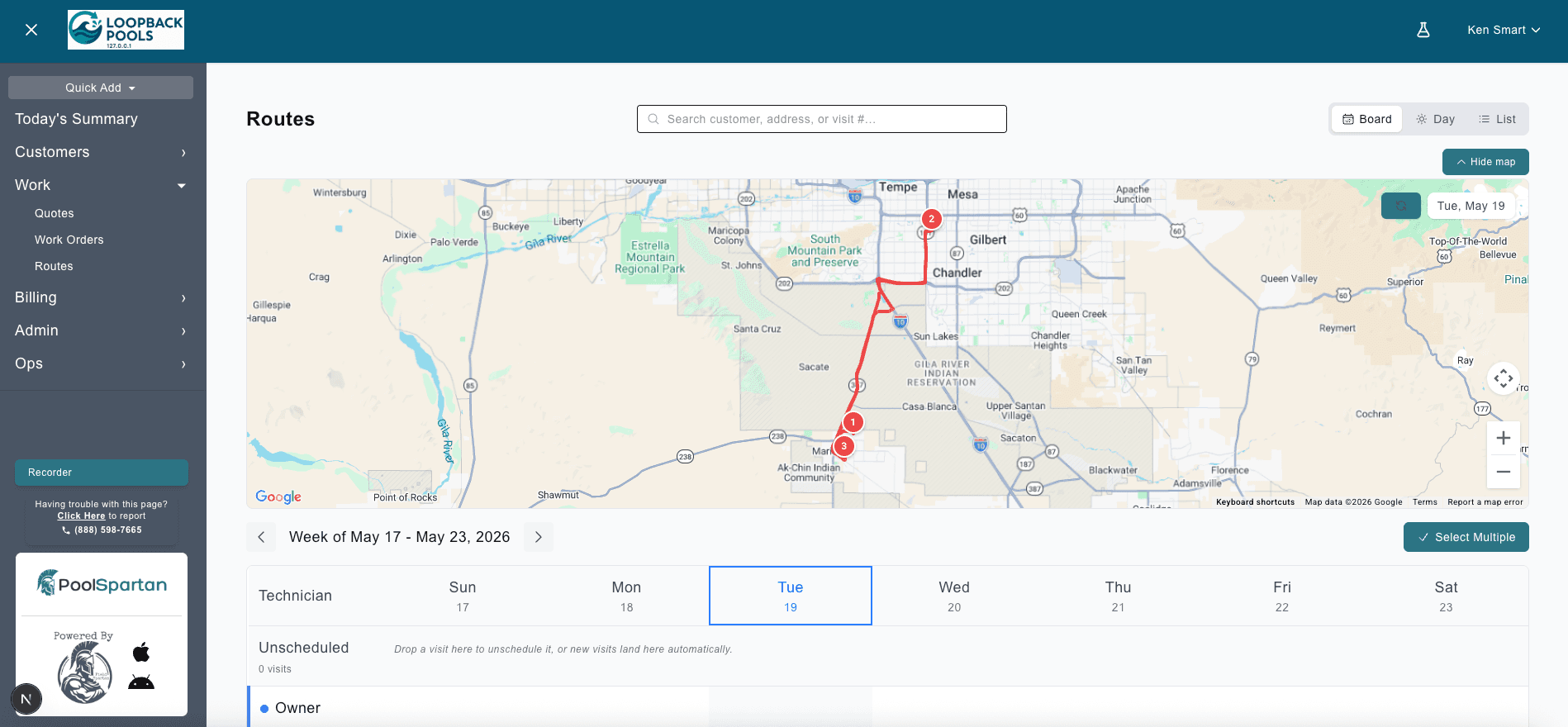 SpartanYard routes view — today's mow stops on a map with the week's day-tabs underneath